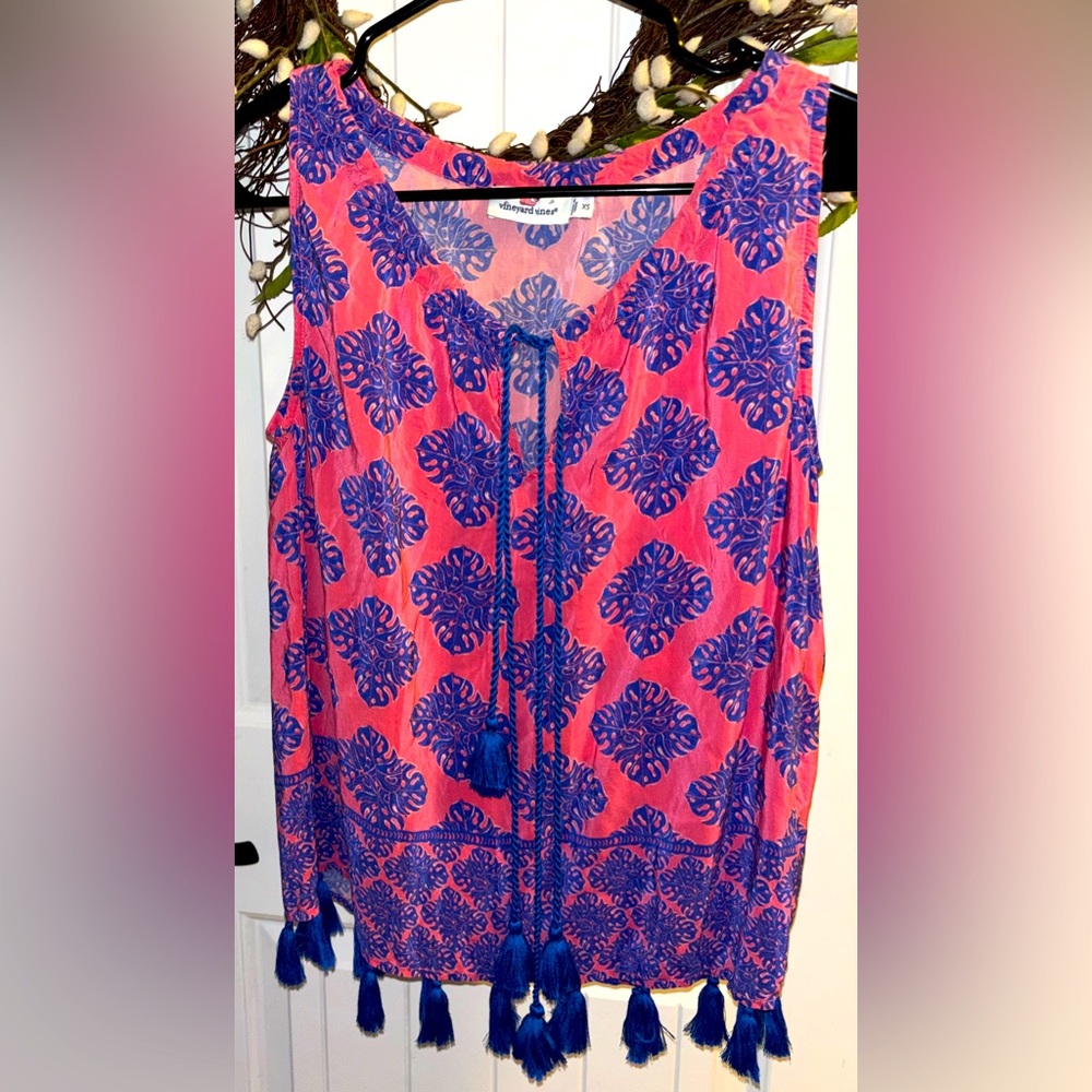 Vineyard Vines Blue and Pink Tie Front Tank Top